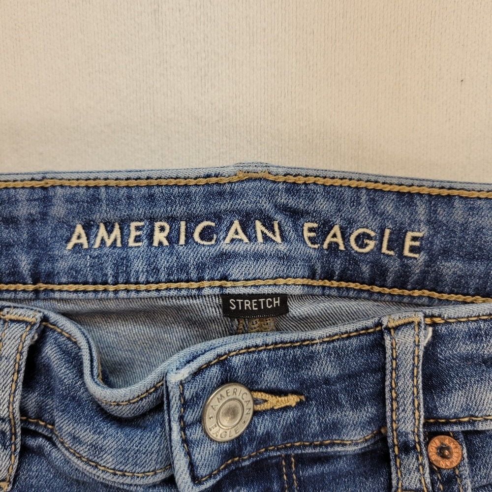 American Eagle Jeans Womens 4 Super High Rise Flare Raw Hem Stretch Ripped Denim - Picture 7 of 11